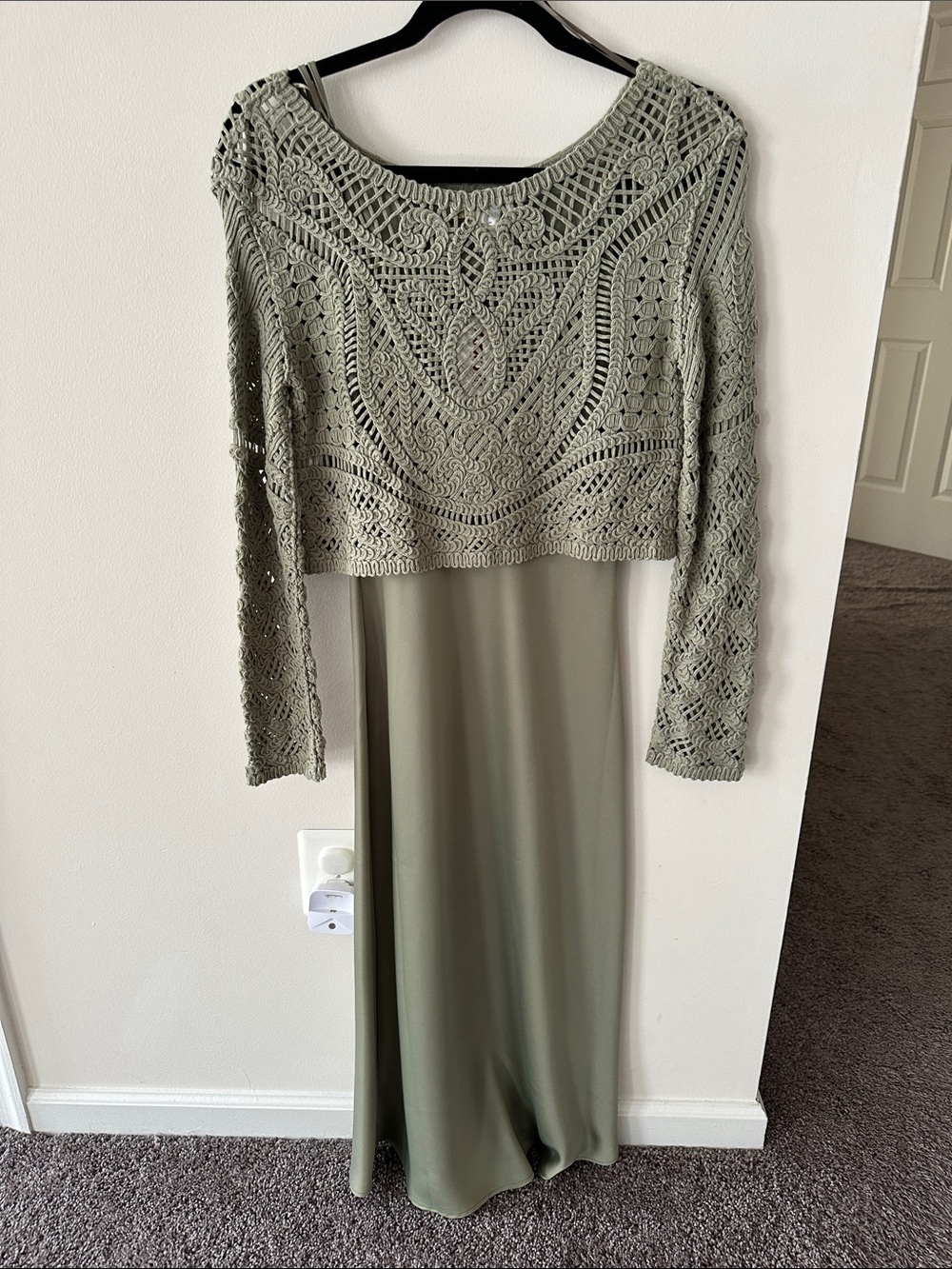 House of Harlow Olive Green Crochet Overlay Maxi Dress - Women 2 pcs